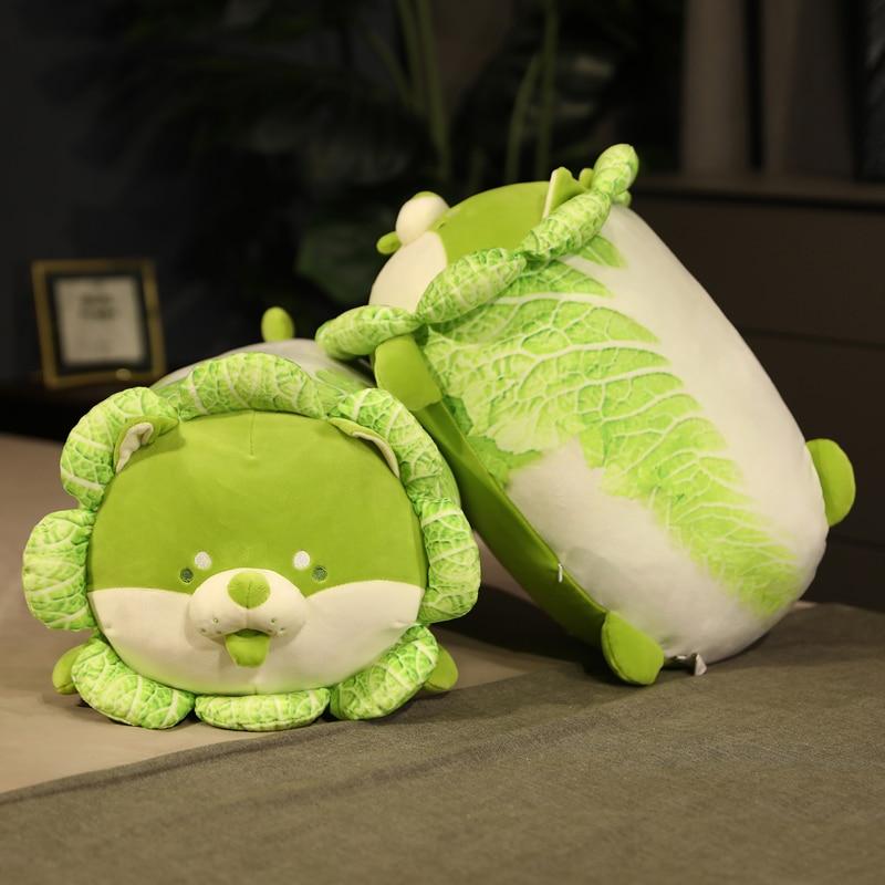 Adorable green cabbage Shiba Inu plush toy; soft PP cotton filling, available sitting or lying down.  Approx. 10"x8" or 12"x6".