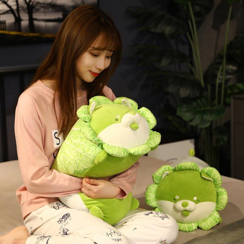 Adorable green cabbage Shiba Inu plush toy; soft plush fabric, PP cotton filling, approx. 10"x8" (sitting) or 12"x6" (lying).