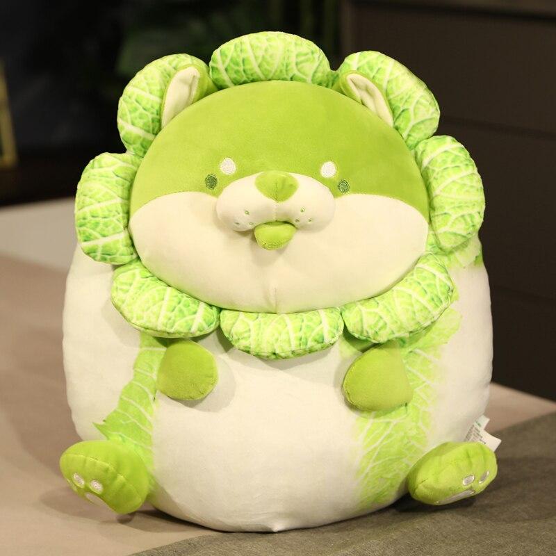 Adorable green cabbage Shiba Inu plush toy, made of soft plush & PP cotton.  Approx. 10"x8" (sitting). Hypoallergenic.