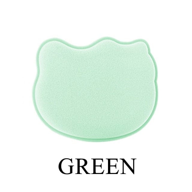 Soft green cat-shaped makeup blender sponge made of hydrophilic polyurethane.  5.5 x 5.5 cm.