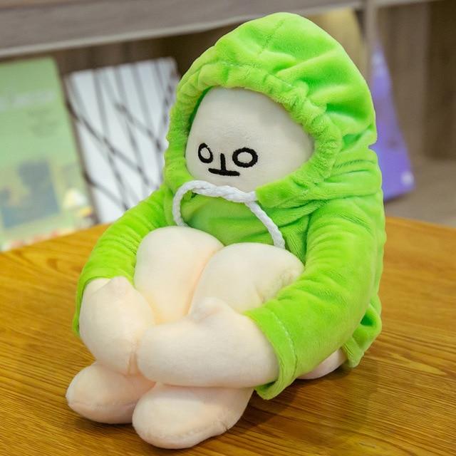 Green hoodie plush toy, 43 inches, soft PP cotton, cute grumpy face, perfect for stress relief.