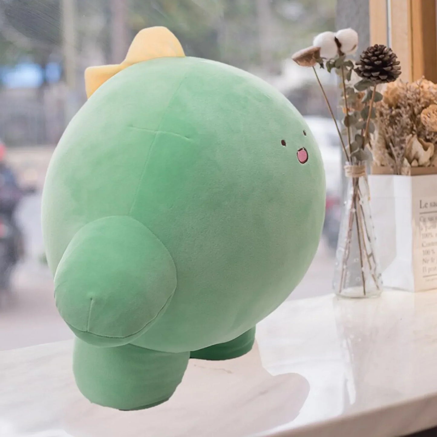 Soft green plush dinosaur pillow, PP cotton filled, cute kawaii design, perfect for cuddling.