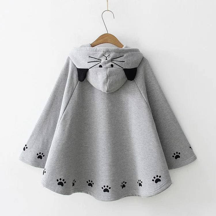 Grey Harajuku cat paw print hoodie; plush polyester, cat ears on hood, paw print trim. Sizes M-4XL.
