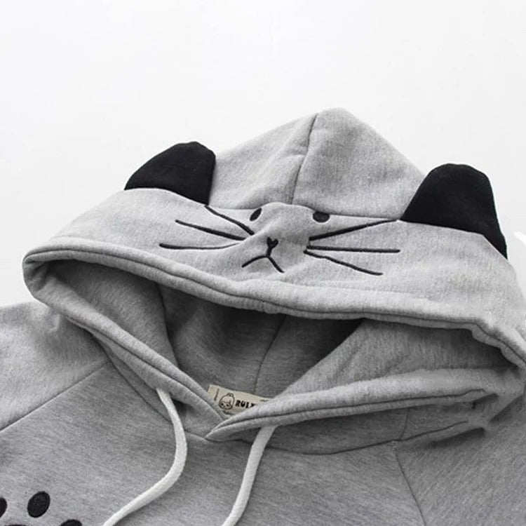 Grey Harajuku cat paw hoodie with cat ears on the hood, plush polyester, sizes M-4XL.