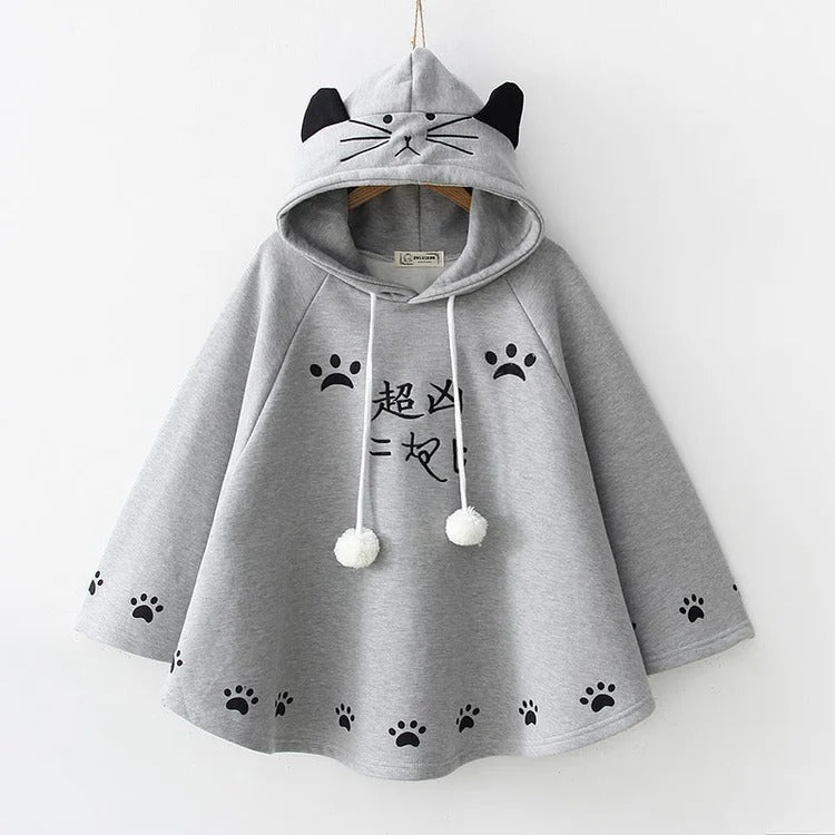 Grey Harajuku cat paw print hoodie; plush polyester, cat ears, pom-poms, sizes M-4XL.