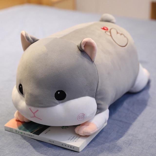 Grey hamster plush body pillow, super soft PP cotton filling, hypoallergenic, great for sleeping & stress relief.  Zipper for cleaning.