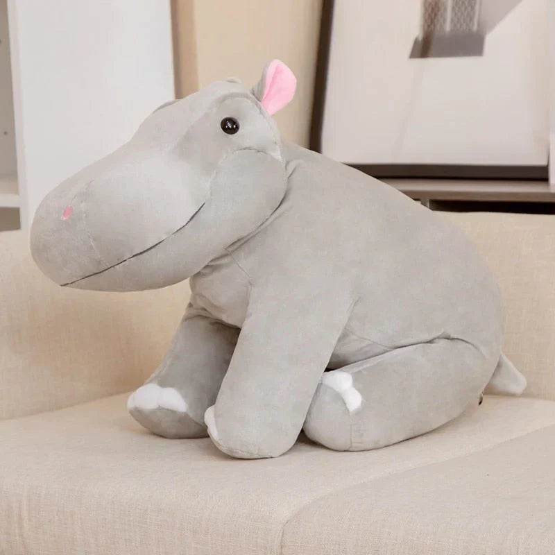 Grey plush hippopotamus toy, filled with PP cotton, hypoallergenic, machine washable, perfect for cuddling.