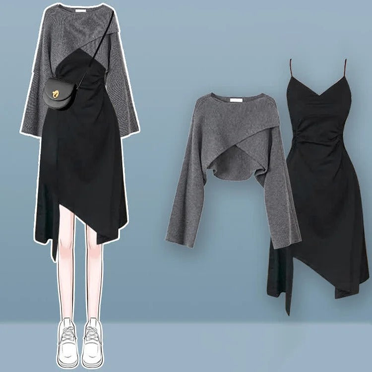 Chic grey knit sweater & black slip dress set; asymmetrical hems, long sleeves, polyester. Modern & preppy style.