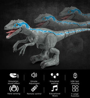 Grey remote control robotic Velociraptor dinosaur toy, walks, makes sounds, breathes smoke, hand-sensing, USB rechargeable.