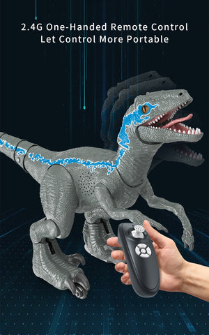 Grey remote control Velociraptor robot dinosaur toy; walks, roars, breathes smoke; ages 5+.