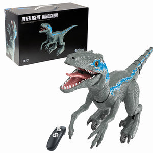 Grey remote control Velociraptor robot dinosaur toy, walks, roars, breathes smoke, LED lights, ages 5+.