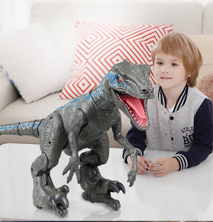 Grey robotic Velociraptor dinosaur toy with remote control, LED lights, sounds, smoke, and hand-sensing features.  Ages 5+.