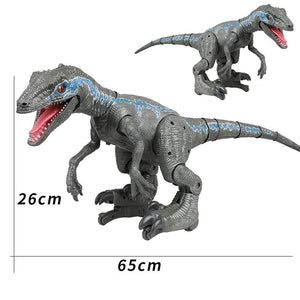 Grey remote control Velociraptor dinosaur toy, 26x65cm, walks, roars, smokes, LED lights, hand-sensing, ages 5+.