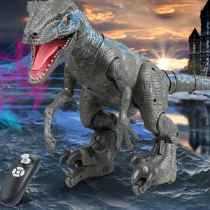 Grey remote control Velociraptor dinosaur toy, walking, roaring, smoke-blowing, LED lights, 26x65cm.