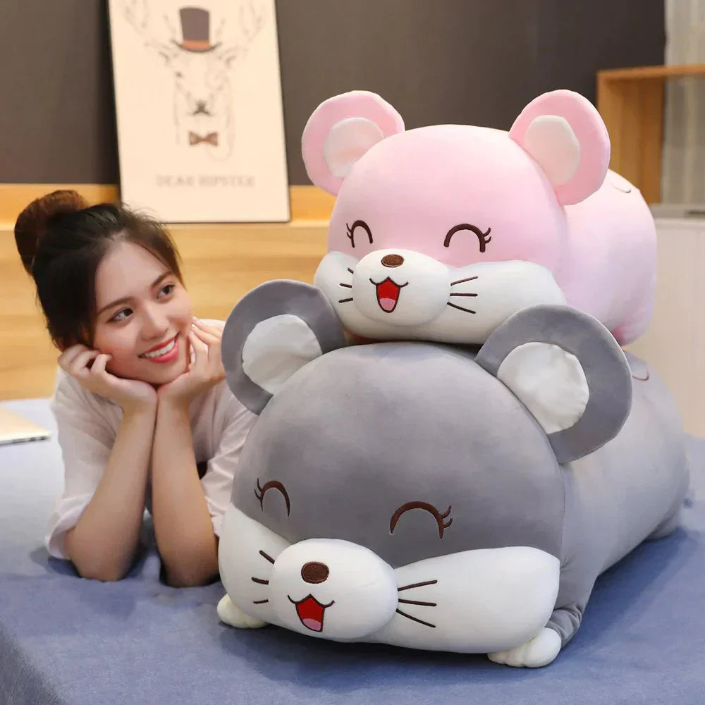 Soft grey and pink hamster plushie body pillows, filled with PP cotton, great for cuddling and sleeping.