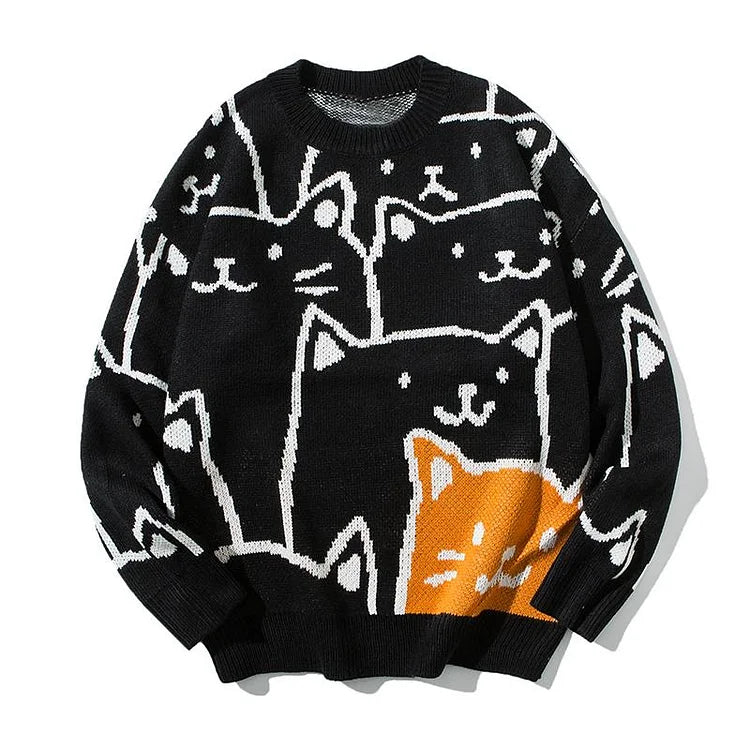 Black Harajuku-style cotton sweater featuring a playful cartoon cat design. Long sleeves, round neck. Comfortable and cozy.