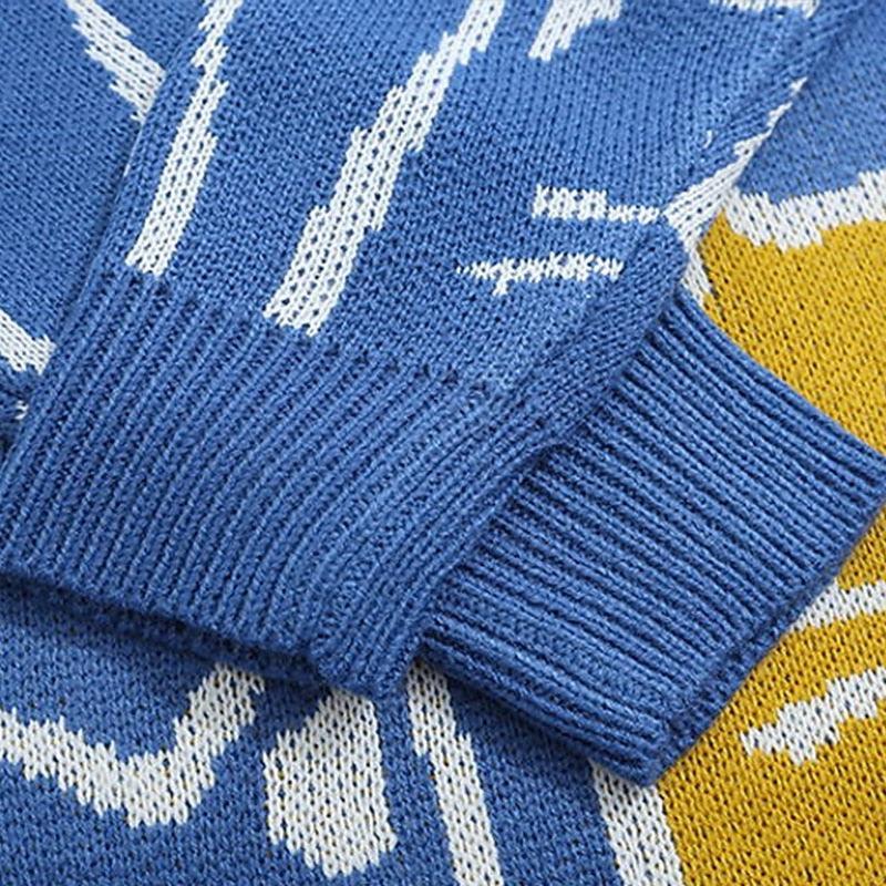 Blue Harajuku cartoon cat sweater with long sleeves, soft cotton material, and yellow accents.