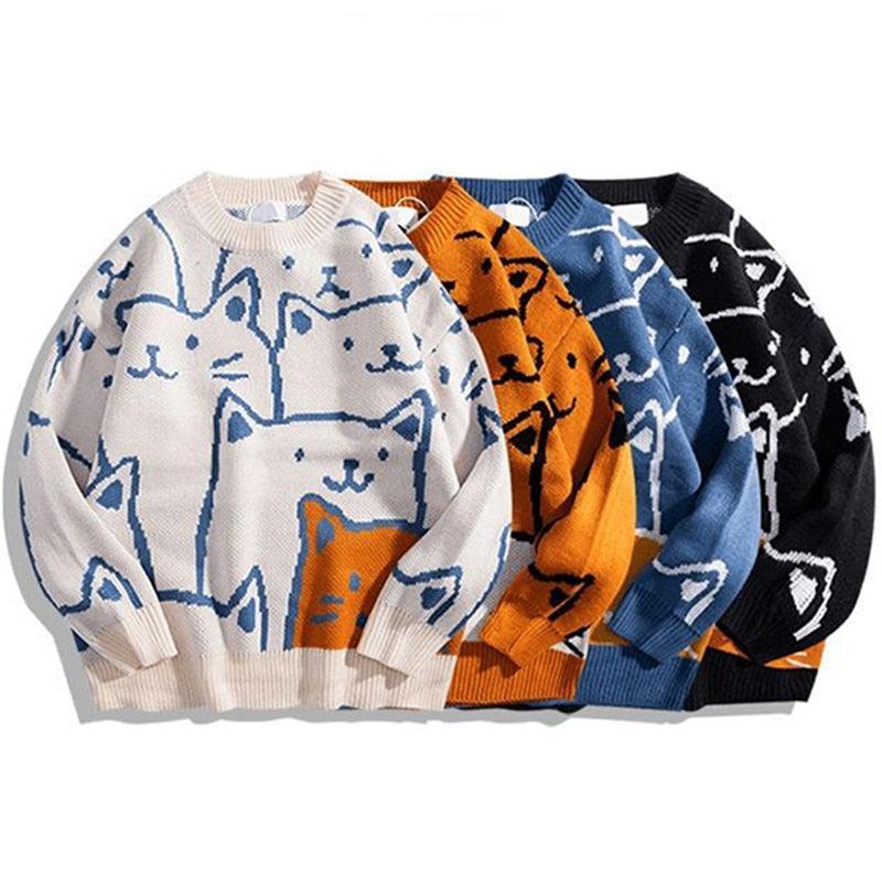 Harajuku style cotton sweater featuring an adorable cartoon cat pattern. Long sleeves, round neck, multiple colors available.  Cozy and comfy!