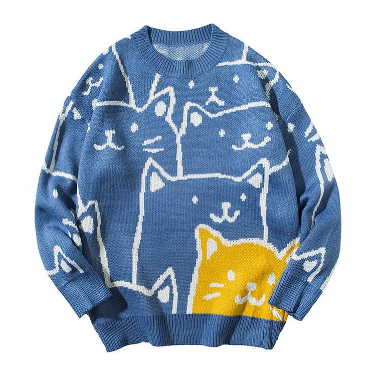 Blue cotton Harajuku cartoon cat sweater with long sleeves, round neck, and playful cat design.