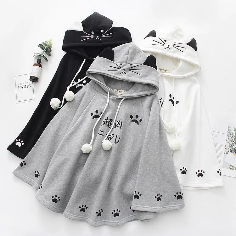 Grey Harajuku cat paw hoodie with cat ears, plush polyester, paw print details, and available in multiple sizes.