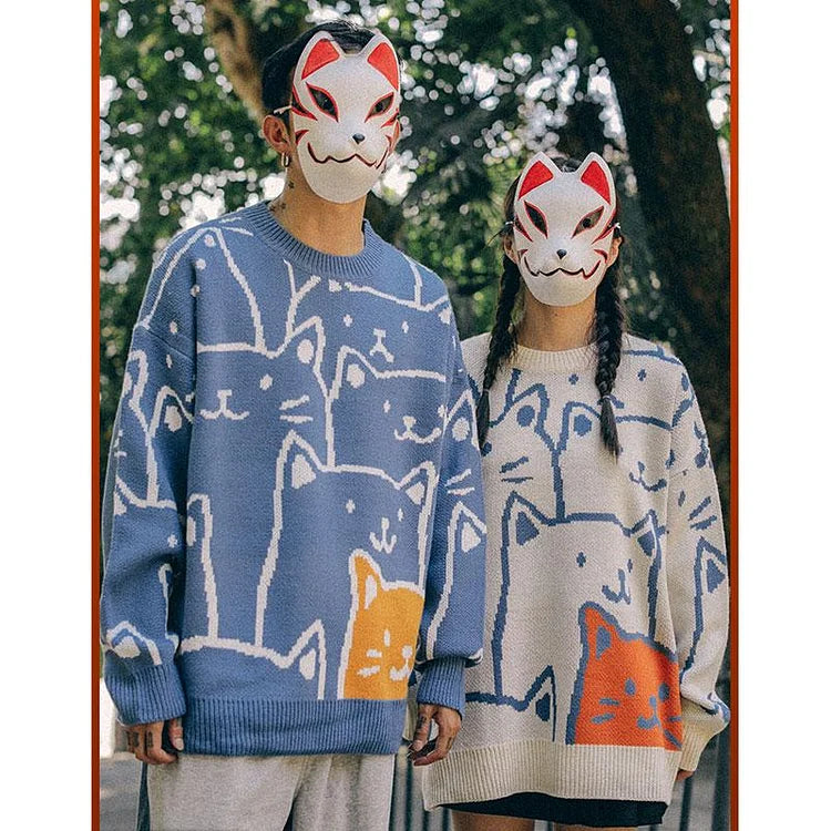 Blue Harajuku cartoon cat cotton sweater, long sleeves, crew neck, multiple sizes. Soft & comfy.