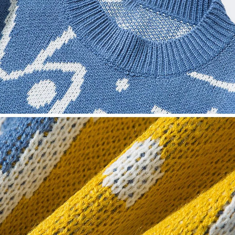 Harajuku style cartoon cat cotton sweater; blue, yellow, white stripes; long sleeves; round neck; comfy and soft.