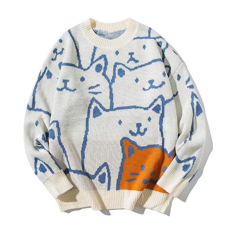 Cream cotton Harajuku cartoon cat sweater with blue and orange cat designs, long sleeves, and classic round neck.