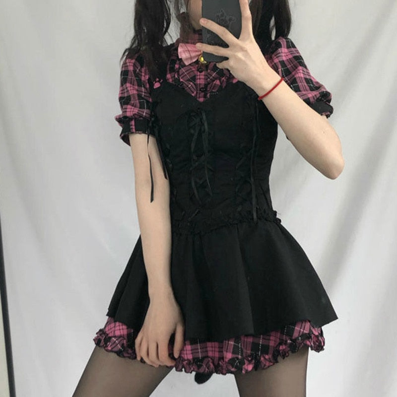 Pink plaid cat paw shirt & black mini dress set; Harajuku Lolita style. Polyester-cotton blend.  Sizes S-XL.