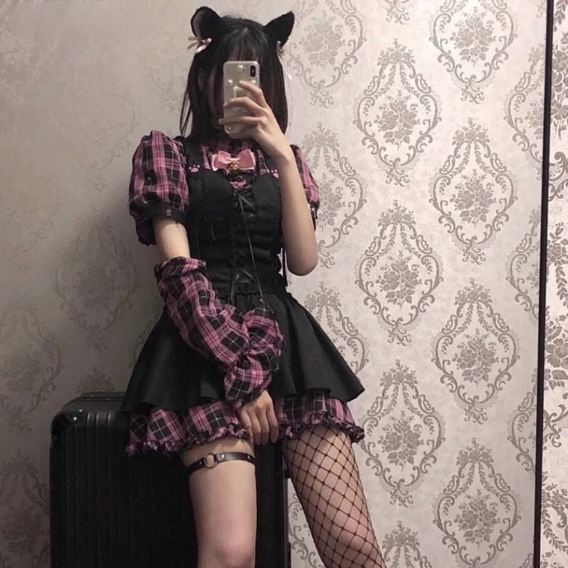 Pink plaid shirt & black mini dress Harajuku Lolita set. Cat paw print, polyester-cotton blend.  Versatile style.
