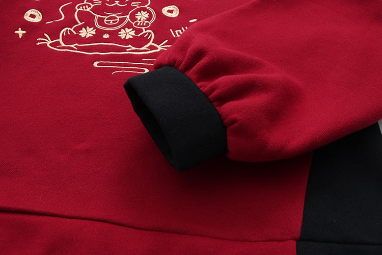 Red & black Harajuku lucky cat hoodie and mini skirt set. Soft cotton blend, embroidered details.