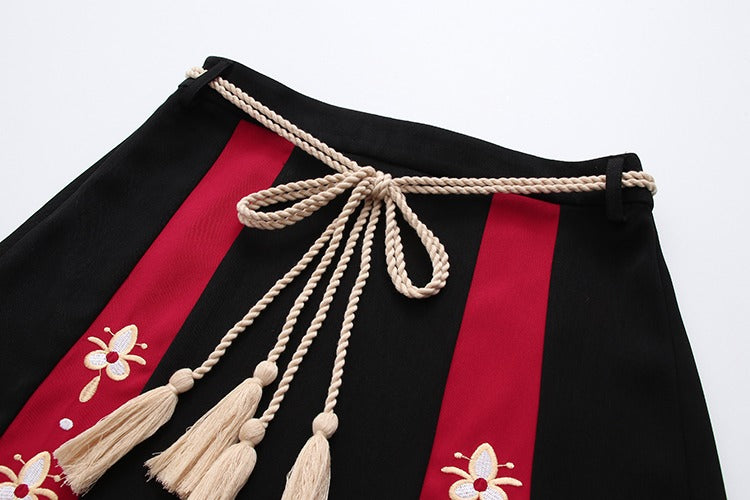 Red & black Harajuku lucky cat hoodie & mini skirt set; cotton blend, embroidered details, drawstring hoodie, mini skirt with rope belt.