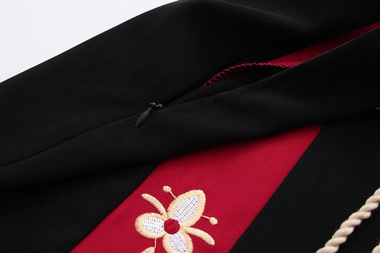 Red & black Harajuku lucky cat hoodie & mini skirt set. Soft cotton blend, embroidered details, drawstring hoodie.