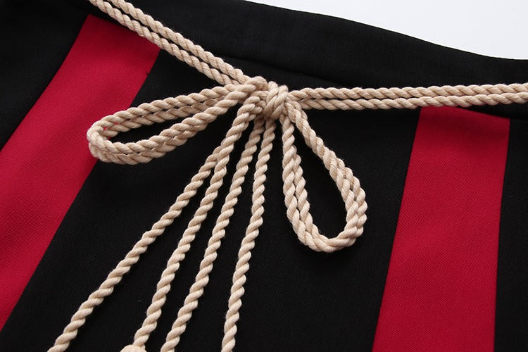Red & black Harajuku lucky cat hoodie & mini skirt set; soft cotton blend, drawstring hoodie, striped skirt, beige rope tie.