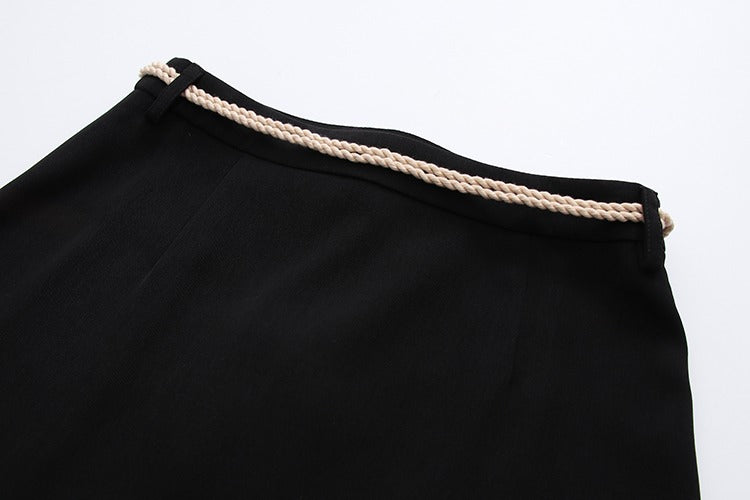 Black mini skirt with beige rope belt detail, part of a Harajuku lucky cat hoodie and skirt set.
