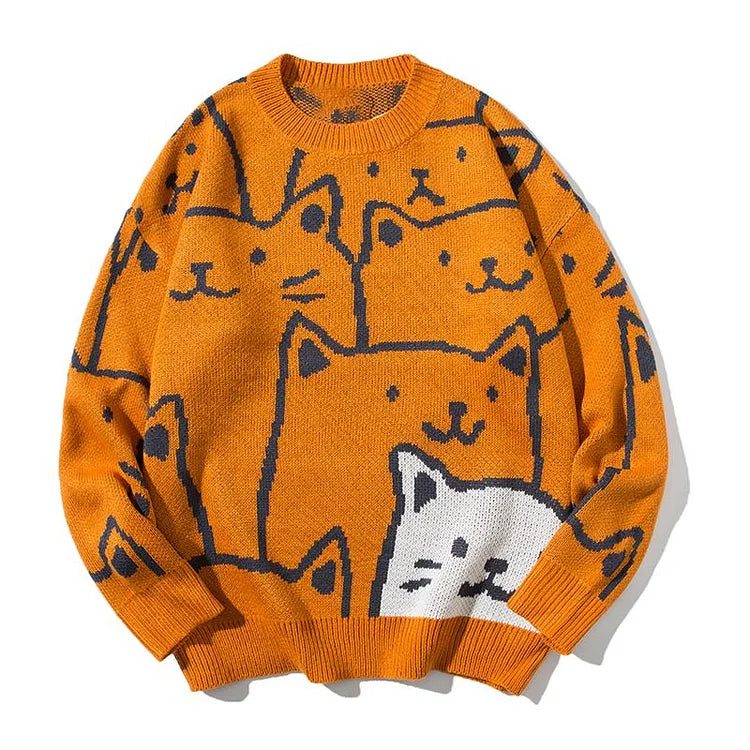 Orange cotton Harajuku cartoon cat sweater with long sleeves and a round neck. Features multiple adorable cat designs.