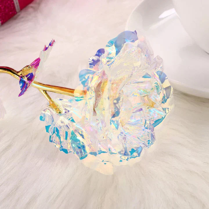 Iridescent galaxy rose with 24k gold-plated stem, presented in a heart-shaped stand.  Perfect gift.