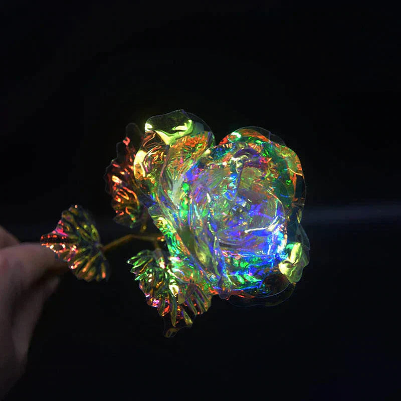 Iridescent galaxy rose with 24k gold-plated stem and leaves.  Heart-shaped stand, "Love You For Life" engraving.