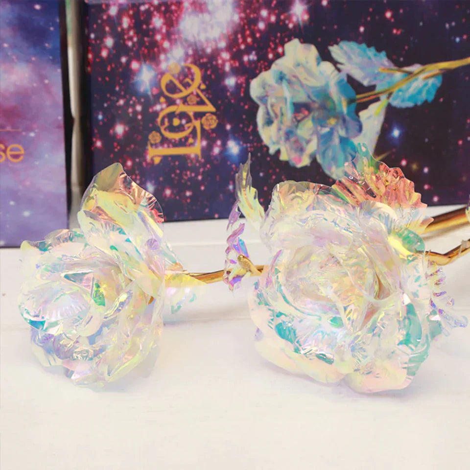Iridescent galaxy rose with 24k gold-plated stem, heart-shaped stand, and "Love You For Life" engraving.  Perfect gift.