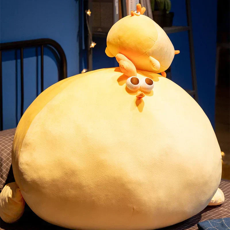 Chonky yellow chicken plush toy, Jaba, made of soft PP cotton.  Huggable, relaxing, and available in multiple sizes.