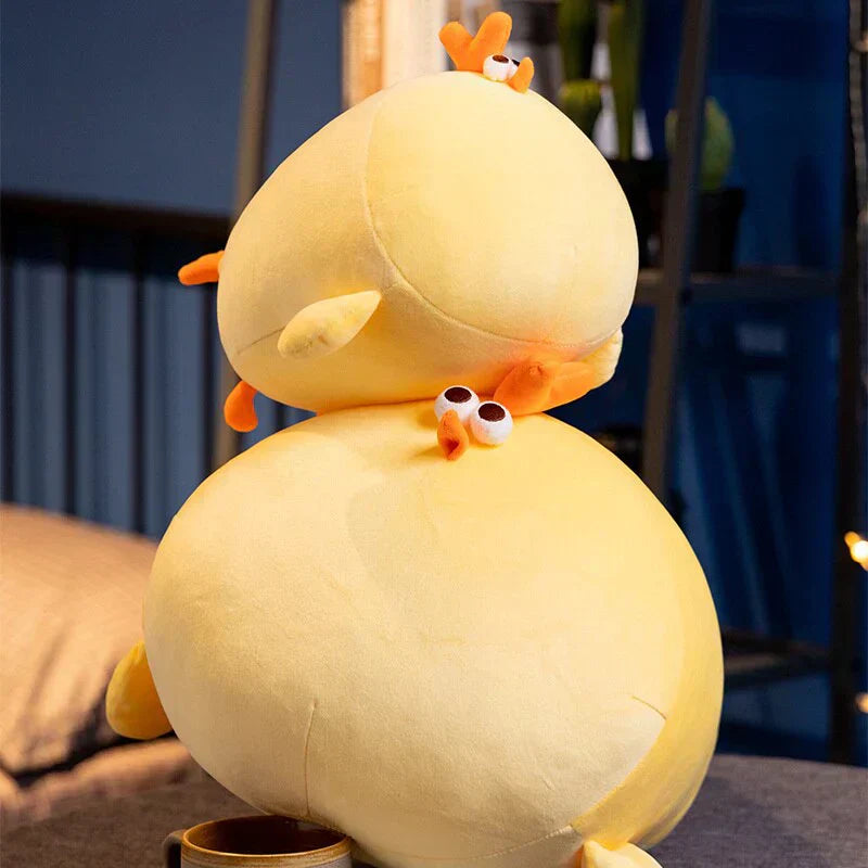 Chonky yellow chicken plush toy, Jaba, made of soft PP cotton, perfect for cuddling.  Available in multiple sizes.