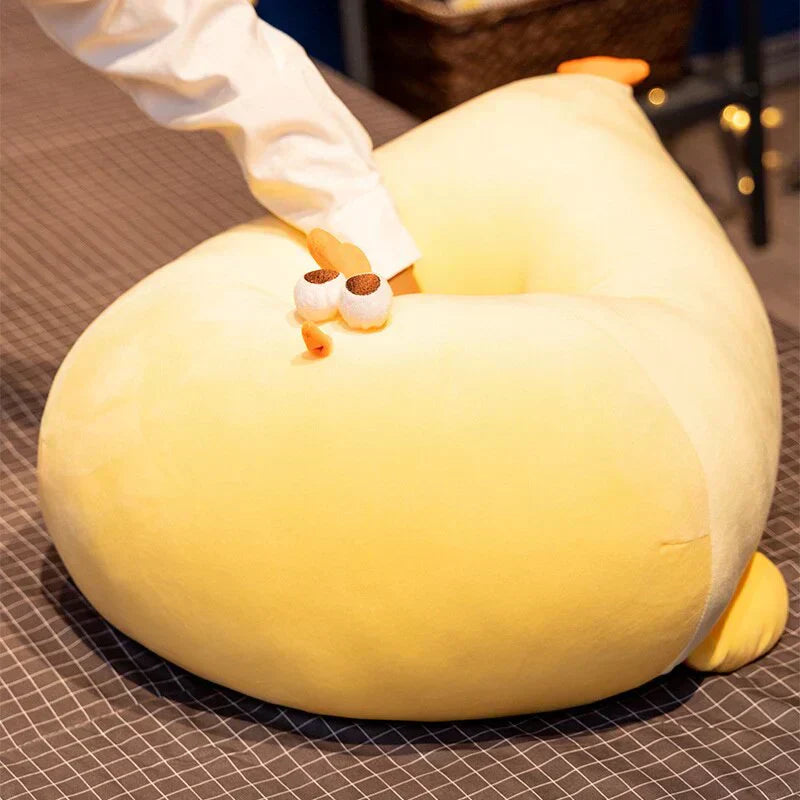 Chonky yellow chicken plush toy, Jaba, made of super soft PP cotton, perfect for cuddling.  Available in 5 sizes.