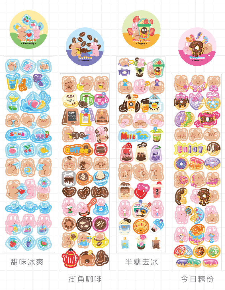 Kawaii animal & drink themed washi stickers; 1 roll of art paper stickers featuring cute bears, ice cream, coffee, and donuts. Perfect for journaling.