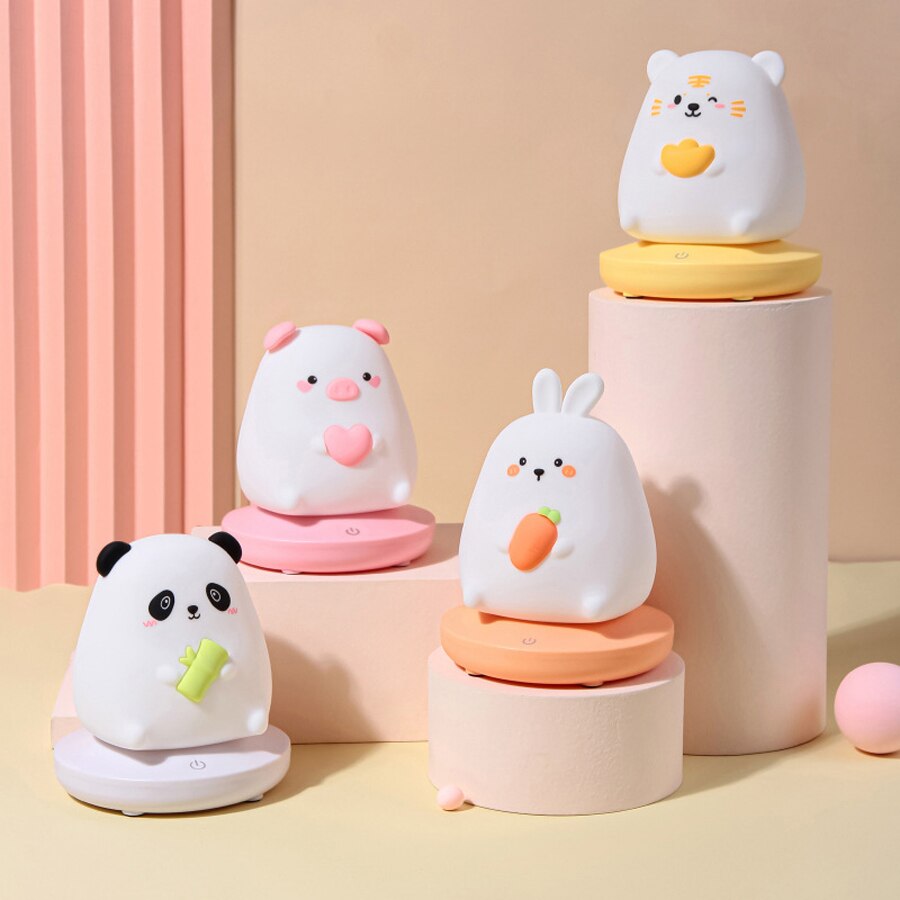 Kawaii animal LED night lights: bunny, panda, pig, tiger. Soft silicone, 3 brightness settings, USB rechargeable, 1200mAh battery.
