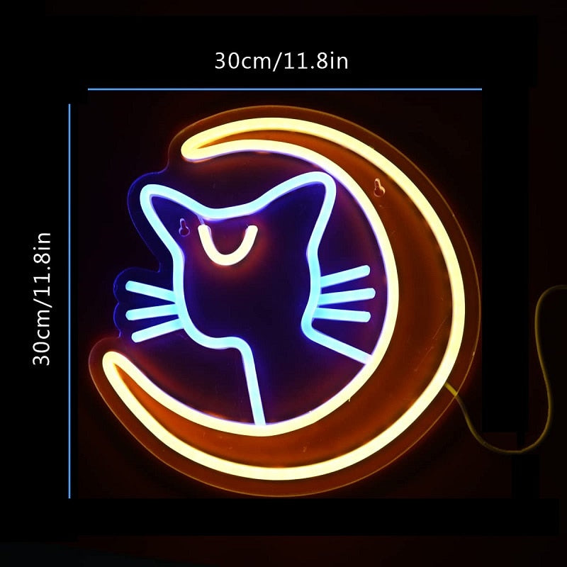 Kawaii anime cat neon sign, blue & yellow LED, 30cm, acrylic, wall/table decor, USB powered.