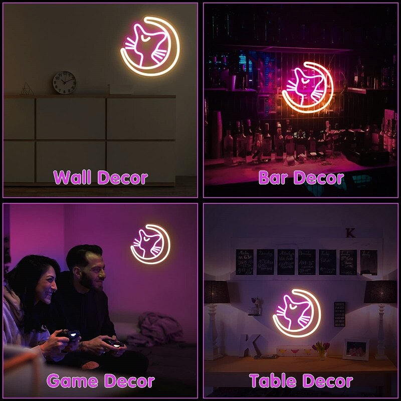 Kawaii anime cat neon sign, pink & yellow LED, 30x30cm, wall/table decor, USB powered.
