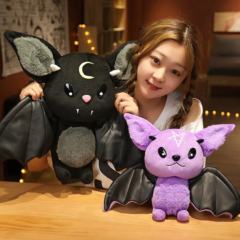 Kawaii black & purple bat plush toys with faux leather wings; crescent moon & pentagram designs.  Soft PP cotton filling.