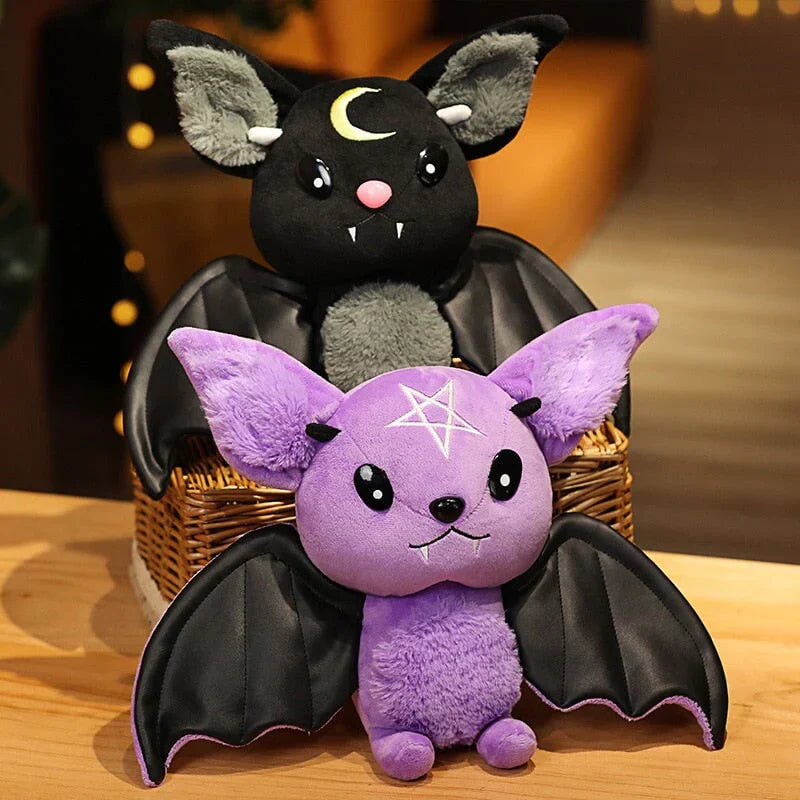Adorable purple & black kawaii bat plush toy with pentagram, faux leather wings, and soft PP cotton filling.