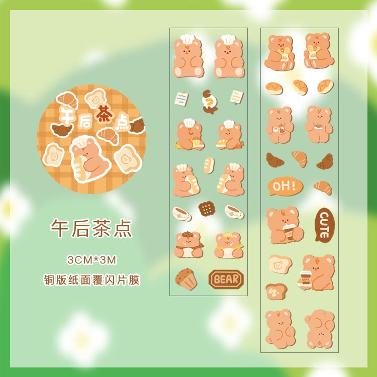 Adorable kawaii bear-themed masking tape featuring bakery designs; 3m length, 25mm width, 2mm thickness.