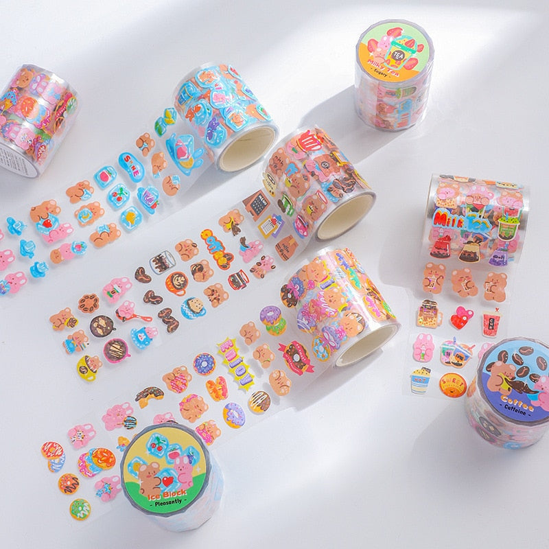 Kawaii animal journal stickers; one roll of transparent art paper stickers featuring cute bears, donuts, and drinks. Perfect for decoration.
