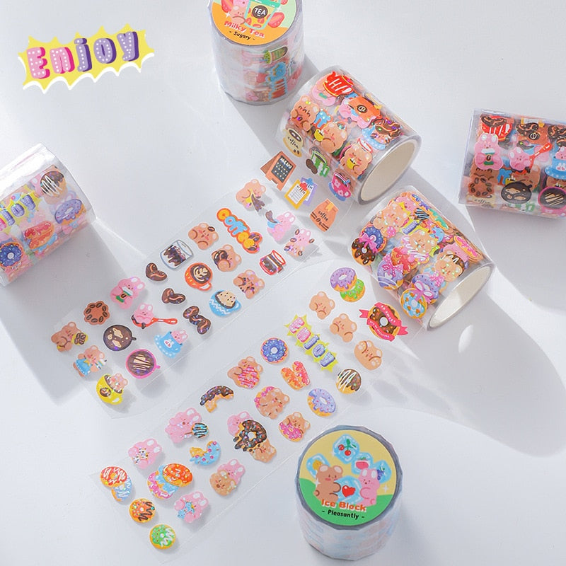 Kawaii bear and donut washi sticker roll; art paper, colorful, cute cartoon animals, 1 roll. Perfect for journaling.